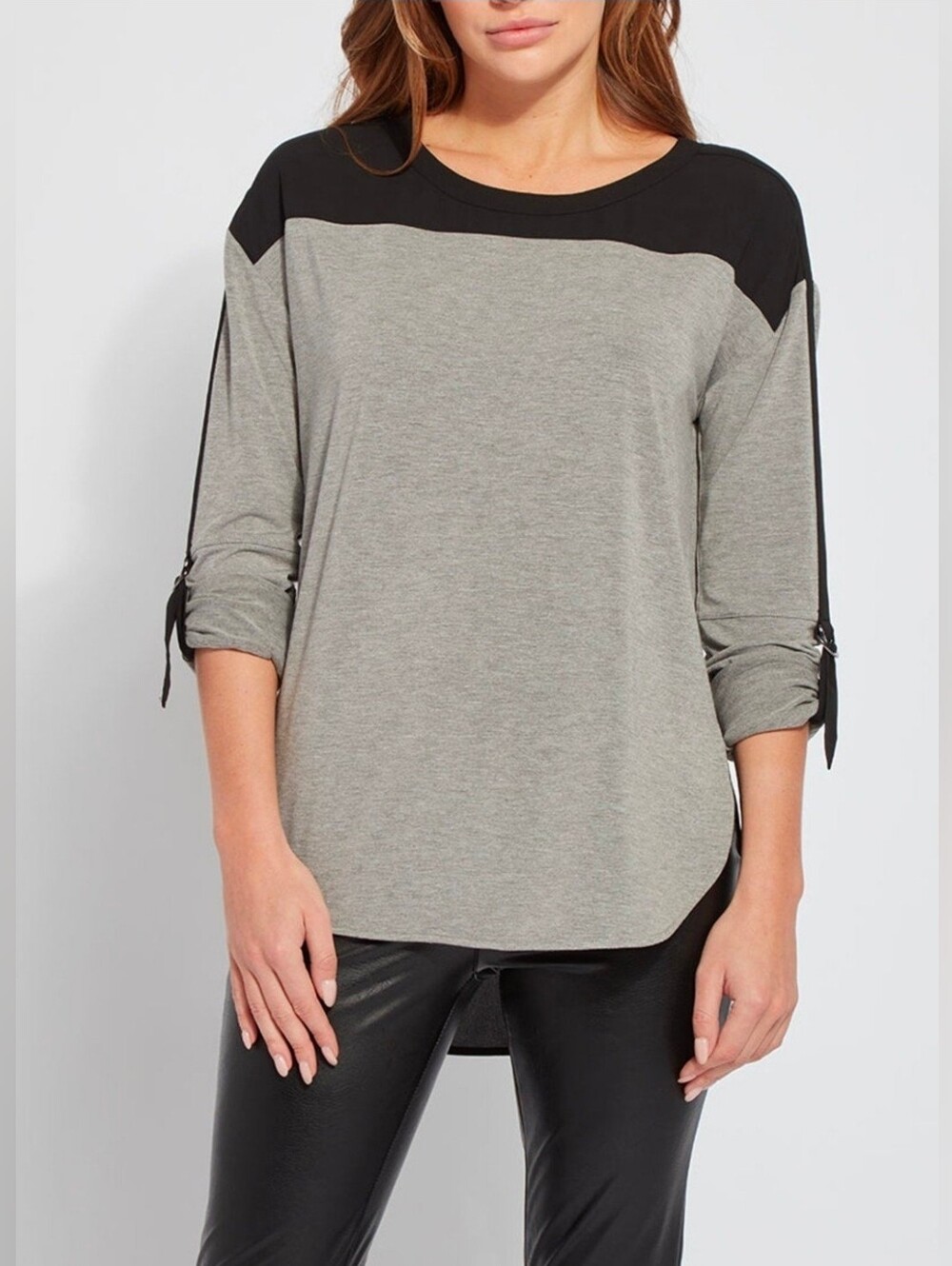 NWT LYSSE Billie Roll Tab Sleeve Two-Tone Black Gray Mixed Media Sz Medium